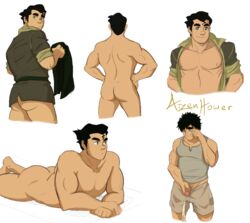 1boy aizenhower artist_name ass avatar_legends bara black_hair bolin bottomless bubble_ass bubble_butt character_name circumcised clothing color copyright_name digital_media_(artwork) flaccid green_eyes happy human laying laying_down laying_on_stomach light-skinned_male light_skin looking_at_viewer looking_back male male_only muscles muscular muscular_male naked nickelodeon nipples nude open_shirt pale-skinned_male pale_skin pecs peeing penis plain_background pubic_hair sad shirt short_hair shorts smile smooth_skin solo solo_male tank_top the_legend_of_korra uncensored underwear undressing urine url white_background yaoi