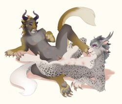 anthro anthro_on_anthro charr claws clitoris compass_(artist) duo fangs feline female flat_chested fur gloves_(marking) guild_wars horn hybrid mammal markings multi_ear multi_nipple nipples nude open_mouth pawpads purple_eyes pussy reclining sex simple_background smile socks_(marking) spots spotted_fur spread_legs spreading toe_claws tribadism video_games white_background yuri