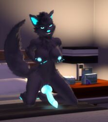 2018 3d animal_genitalia animal_penis anthro aurora_(lufty) balls bed bioluminescence black_fur blue_penis breasts canine canine_penis dickgirl erection fluffy fluffy_tail fur futa_only futanari glowing glowing_eyes glowing_nipples glowing_penis hand_on_breast hi_res hypnotic_eyes hypnotizing_viewer intersex kneeling knot looking_at_viewer lufty mammal nipples nude on_bed penis presenting presenting_breasts presenting_penis smile solo solo_futa source_filmmaker tuft