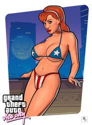 1girls 2009 american_flag american_flag_bikini blue_eyes breasts building candy_suxxx cigarette cleavage female female_only grand_theft_auto grand_theft_auto:_vice_city hairband large_breasts looking_at_viewer medium_breasts nail_polish orange_hair red_lips redfill rockstar_games solo