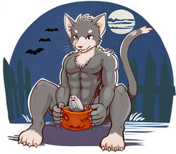 anthro bat candy chest_tuft claws erection fangs feline fence food ghost halloween holidays male male_only mammal moon muscular pumpkin sitting smile spirit tuft unknown_artist_(artist)