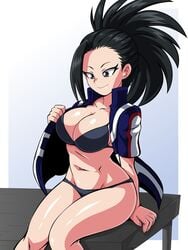 big_breasts black_bra black_hair black_panties bra bra_and_panties breasts dressing getting_dressed gym_clothes gym_shirt gym_uniform lewdamone momo_yaoyorozu my_hero_academia open_shirt panties pantless pantsless shiny_skin simple_background sitting smile tagme underwear uniform