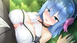 bare_shoulders blue_eyes blue_hair blush breast_squeeze breasts censored cleavage female flower from_above game_cg grass hair_flower hair_ornament hands_on_own_chest highres irene_(paizuri_fiancee) large_breasts lying maid maid_headdress matching_hair/eyes mosaic_censoring original outdoors paizuri paizuri_fiancee parted_lips penis short_hair smile solo_focus uni8 upper_body