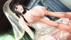 anette_(paizuri_fiancee) areolae bangs bare_shoulders beauty_mark black_hair blush breast_grab breasts breasts_out bridal_veil bride clothed_female_nude_male cowgirl_position dress eyebrows eyebrows_visible_through_hair female game_cg grabbing highres huge_breasts indoors legs long_hair looking_down lying mole mole_under_eye nipples no_panties nude open_mouth original paizuri_fiancee pregnant red_eyes sex sitting sitting_on_person solo_focus sweat thighs uni8 vaginal_penetration veil wedding_dress