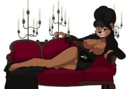 2018 alpha_channel anthro anthro_only areola bear belt black_hair black_nose bracelet breasts breasts_out candle cosplay disney dress elvira elvira:_mistress_of_the_dark elvira_(cosplay) female footwear furry half-closed_eyes high_heels jewelry large_breasts long_hair looking_at_viewer lying mammal mature_female nipples no_underwear on_sofa pussy rebecca_cunningham ring shoes simple_background smile sofa solo talespin transparent_background yawg