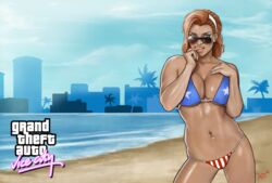 1girls american_flag american_flag_bikini beach biting_finger breasts candy_suxxx city cleavage collarbone female female_only grand_theft_auto grand_theft_auto:_vice_city hellhoundforhire leaning looking_over_eyewear looking_over_glasses looking_over_sunglasses medium_breasts ocean orange_hair palm_trees sunglasses tinted_eyewear