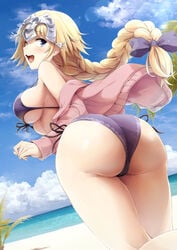 akita_hika ass beach big_ass big_breasts big_butt bikini blonde_hair blue_eyes blush braid breasts butt dat_ass fate/apocrypha fate_(series) female female_only from_behind highres huge_ass jeanne_d'arc_(fate) jeanne_d'arc_(swimsuit_archer) thick underboob