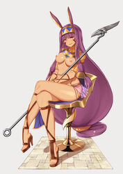 animal_ears blush breasts breasts_apart cross-laced_footwear crossed_legs dark-skinned_female dark_skin earrings egyptian_clothes esg_(essagna) facial_mark fate/grand_order fate_(series) female female_only gold high_heels highres jackal_ears jewelry long_hair looking_at_viewer low-tied_long_hair medium_breasts nipples nitocris_(fate/grand_order) open_toe_shoes purple_eyes purple_hair shiny shiny_skin sitting smile solo staff very_long_hair