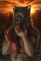 anthro anthro_only aurru blood canine claws fangs forest furry holding_object licking licking_blood looking_down male mammal meat neck_tuft no_humans nude open_mouth outside sky solo standing sunset tongue tongue_out tree tuft were werewolf yellow_eyes