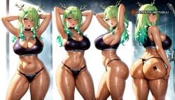 ai_generated alternate_costume antlers armpits arms_behind_head arms_up ass ass_visible_through_thighs back black_choker black_panties black_sports_bra blush braid braided_bangs branch breasts ceres_fauna choker cleavage collarbone curvy dark-skinned_female dark_skin dress earrings female flower from_behind gradient_hair green_hair green_nails hair_flower hair_ornament hololive_english horns huge_ass jewelry large_breasts leaf long_hair looking_at_viewer looking_back meitabuu mole mole_under_eye mouth_hold multicolored_hair multiple_girls multiple_views nail_polish nanashi_mumei navel nike_(company) open_mouth panties presenting_armpit shower_(place) shower_head showering sideboob sports_bra steam stomach sweat swimsuit tan tattoo thick_thighs thighs thong tile_wall tiles underwear virtual_youtuber water water_drop wet wide_hips yellow_eyes