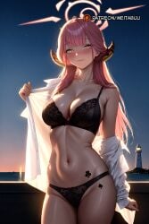 ai_generated aru_(blue_archive) backlighting bare_shoulders black_bra black_panties blunt_bangs blush bow bow_bra bow_panties bra breasts cleavage closed_mouth club_(shape) collarbone collared_shirt cowboy_shot demon_horns female flower_tattoo gradient_sky groin halo horizon horns lace-trimmed_bra large_breasts lighthouse lingerie long_hair long_sleeves looking_at_viewer meitabuu navel night ocean off_shoulder open_clothes open_shirt outdoors panties pink_hair pink_halo shiny_skin shirt single_bare_shoulder sky smile solo spade_(shape) standing star_(sky) stomach sunrise sunset tattoo thighs underwear undressing white_shirt yellow_eyes