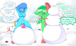 2018 2girls absurd_res ahe_gao beanie blue_eyes blue_hair blue_skin bulge carrot cartoon_network commission digital_media_(artwork) dildo drooling english english_dialogue english_text female_only gesture green_eyes green_hair green_skin hat lapis_lazuli_(steven_universe) large_breasts large_dildo large_insertion leg_lift legs_up multiple_girls outdoors peridot_(steven_universe) pink_dildo scarf sex_toys shadow2007x small_breasts snow snowman speech_bubble splits squatting steven_universe stomach_bulge text tongue_out uncensored v vertical_splits visor