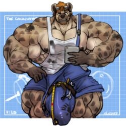 anthro beard belt bulge clothed clothing facial_hair huge_bulge hyena hyper hyper_muscles male male_only mammal muscular muscular_male oldshep overalls pecs penis_outline phone solo standing sweat