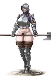 1girls armor bottomless breastplate brown_thighhighs convenient_censoring female gambeson gauntlets greaves halberd helmet holding_weapon legs_together looking_at_viewer medieval medieval_armour original pauldrons polearm pubic_hair solo standing sweat t2333_(little_sun) thick_thighs variant_set