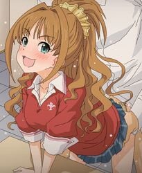 1boy :3 arm_support bent_over blue_eyes blush brown_hair clothed_sex clothing collared_shirt desk eyebrows_visible_through_hair female from_behind hair_intakes hino_akane_(idolmaster) idolmaster idolmaster_cinderella_girls long_hair looking_at_viewer male miniskirt nose_blush open_mouth panties panties_aside penetration plaid plaid_skirt pleated_skirt ponytail red_shirt red_sweater scrunchie sex shirt skirt skirt_lift sleeves_folded_up solo_focus standing_sex straight sweat sweater tomu_(tomubobu) torso_grab v_arms yellow_scrunchie