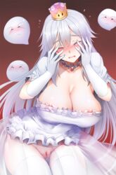 1girls 3others ambiguous_gender areola_slip areolae ass_visible_through_thighs bangs blush boo_(mario) boosette breasts brooch cleavage closed_eyes collarbone crown detached_collar dress embarrassed eyebrows_visible_through_hair female female_focus frilled_dress frills ginhaha gloves hair_between_eyes hands_on_own_face hands_up jewelry large_breasts long_hair luigi's_mansion mario_(series) new_super_mario_bros._u_deluxe nintendo open_mouth pussy see-through sharp_teeth short_sleeves silver_hair simple_background standing super_crown teeth thighhighs uncensored white_dress white_gloves white_legwear