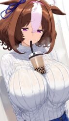 ahoge ai_generated animal_ears breasts brown_hair bubble_tea_challenge female horse_girl meisho_doto_(umamusume) purple_eyes two_tone_hair umamusume umamusume_pretty_derby