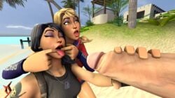 1boy 2girls 2girls1boy 3d background beach black_hair blonde_hair closed_eyes different_angle eyebrows fortnite fortnite:_battle_royale grass handjob headhunter_(fortnite) honeychansfm house male palm_tree penis purple_eyeshadow source_filmmaker sticking_out_tongue sun_strider sunstrider_(fortnite) tongue_out tree water