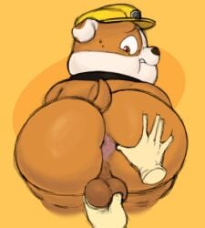 ass back_view backsack balls_grab ballsack black_collar bubble_ass bubble_butt english_bulldog filthyopossum hard_hat nick_jr paw_patrol rubble_(paw_patrol) shocked_face spin_master spreading_ass sweatdrop young