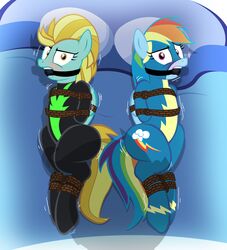 2018 anthro arms_behind_back ball_gag bed black_ball_gag bodysuit bondage bound clothing duo equine female feral friendship_is_magic gag gagged lightning_dust_(mlp) lying mammal multiple_subs my_little_pony pegasus radiantrealm rainbow_dash_(mlp) rope rope_bondage struggling tied_up tight_clothing wings