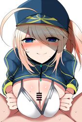 ahoge artoria_pendragon baseball_cap bikini_top blonde_hair blue_hat blush breasts censored closed_mouth eyebrows_visible_through_hair fate/grand_order fate_(series) female hair_between_eyes han_(jackpot) hat large_breasts looking_at_viewer mysterious_heroine_xx_(foreigner) paizuri penis ponytail short_hair shrug_(clothing) simple_background smile solo_focus white_background white_bikini_top