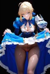 ahoge ai_generated armor artoria_pendragon artoria_pendragon_(fate) ass_visible_through_thighs bangs blonde_hair blue_dress blue_ribbon blush bow braid breasts brown_pantyhose cameltoe cleavage closed_mouth clothes_lift clothes_pull clothing dress dress_lift dress_pull enjisd fate/grand_order fate/stay_night fate_(series) female female_only french_braid frills green_eyes hair_between_eyes hair_bun hair_ornament hair_ribbon honkai:_star_rail juliet_sleeves legwear lifted_by_self long_sleeves looking_at_viewer medium_breasts no_bra no_panties nopan pantyhose pauldrons puffy_sleeves pussy ribbon saber saber_(fate) short_hair shoulder_armor sidelocks single_hair_bun skirt skirt_hold skirt_lift skirt_pull smile solo standing thighs vagina