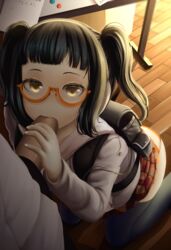 1boy 1girls backpack bag bangs black_hair blowjob blunt_bangs caligula_(game) dkoro fellatio female glasses jacket kneeling long_sleeves morita_naruko oral panties penis randoseru shimapan sidelocks skirt skirt_lift solo_focus straight striped striped_panties two_side_up uncensored underwear wooden_floor