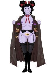 1girls 2_arms 5_eyes boots breasts breasts_out butt_visible_through_thighs buttfang commission croissant donut female garter_straps high_heels latex_boots looking_at_viewer monster_girl mostly_nude muffet no_6_arms_:( pussy ribbon selling solo solo_female spider_girl stockings tall_boots thick_thighs thighhighs undertale undertale_(series) white_background zackocafeina