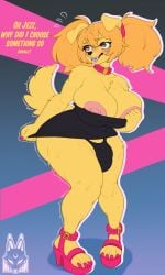 absurd_res anthro areola big_breasts biped black_clothing blonde_hair breasts bulge canid canine canis chest_tuft clothing collar detailed_bulge dialogue domestic_dog dress english_text eyelashes freckles fur genital_outline gynomorph hair hi_res high-angle_view intersex mammal neh_on nipples panties penis_outline pupils text thick_thighs tuft underwear yellow_body