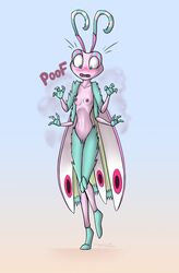 2018 antennae anthro arthropod blush breasts clothing dreamkeepers embarrassed female flower_mantis harmony_fairwing hi_res insects mancoin mantis moth multi_arm multi_limb nipples nude open_mouth orchid_mantis pussy signature simple_background small_breasts solo surprise text wardrobe_malfunction wings