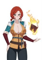 1girls breasts cleavage clothed fire green_eyes lactation lactation_through_clothes large_breasts magic oppaihobby red_hair the_witcher_(series) triss_merigold