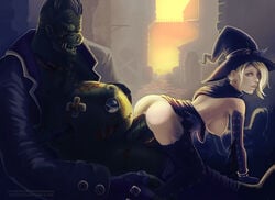 1boy 1girls alley alternate_costume areola ass blizzard_entertainment breasts curvy erect_nipples erection female green_skin junkenstein's_monster large_ass large_breasts large_penis male male_on_female mercy monster nipples no_bra no_panties outdoors overwatch overweight penis public roadhog skirt skirt_lift straight tight_fit wickedserum witch witch_mercy