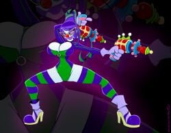 1girls bayonetta bayonetta_(character) big_breasts breast_expansion breast_inflation clown clown_girl clown_nose clown_transformation clownification corruption crossover enemy_conversion evil evil_smile female female_focus female_only glasses gloves high_heels hyperflannel killer_klown killer_klowns_from_outer_space leotard lipstick purple_eyes purple_hair purple_lipstick ray_gun red_nose sharp_teeth smile striped_socks stripes thighhighs transformation weapon yellow_sclera