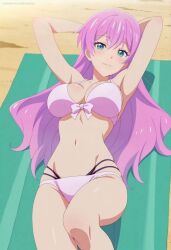 ai_generated beach blue_eyes blush bra busty busty_female female fuufu_ijou_koibito_miman looking_at_viewer panties pink pink_hair pink_swimsuit pink_swimwear sand swimsuit swimwear watanabe_akari
