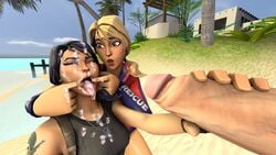 1boy 2girls 2girls1boy 3d beach black_hair blonde_hair clothed clothing cum cum_on_breasts cum_on_clothes cum_on_face cum_on_hair cumshot cumshot_into_mouth different_angle eyebrows facial female fortnite handjob headhunter_(fortnite) honeychansfm house lifeguard male palm_tree penis pier purple_eyeshadow source_filmmaker sun_strider tree water yellow_eyes