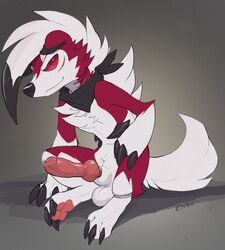 1boy animal_genitalia animal_penis anthro big_feet caffeinatedcreep canine_penis claws erection furry huge_penis knot lycanroc male male_only midnight_lycanroc nintendo paws penis pokémon_(species) pokemon pokemon_sm precum red_eyes red_fur red_sclera sheath solo testicles text veins veiny_penis video_games watermark white_fur