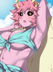 1girls abs armpits bikini blush breasts female female_only large_breasts mina_ashido moisture_(chichi) my_hero_academia navel open_mouth pink_skin sky solo sweat underboob