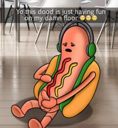 2017 balls blush english_text erection food headphones hot_dog hot_dog_(snapchat) ketchup male masturbation meme mustard no_humans open_mouth penis precum sausage snapchat social_media solo text what