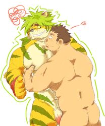 abs anthro ass blush feline flaccid hug human human_on_anthro interspecies macan_(tokyo_afterschool_summoners) magan male male_only mammal muscular muscular_male nude pecs penis tiger tokyo_afterschool_summoners unmuchunmuch yaoi