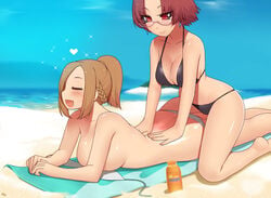 2girls :) :d ass ass_cleavage bangs bare_arms bare_legs bare_shoulders barefoot beach bikini black_bikini black_swimsuit blush braid breast_press breasts brown_hair butt_crack cleavage closed_eyes closed_mouth collarbone couple day earrings female female_only french_braid glasses heart human human_only jewelry kuroonehalf large_breasts looking_at_another looking_down lotion lying massage medium_breasts midriff moaning multiple_girls mutual_yuri navel neck ocean on_stomach open_mouth outdoors parted_bangs ponytail red_eyes red_hair sand sea short_hair sideboob sky swept_bangs swimsuit topless water white_bikini white_swimsuit yuri