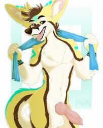 absurd_res animal_genitalia animal_penis anthro balls canine canine_penis erection fennec fox hi_res kwik_(artist) looking_at_viewer lumunix male male_only mammal nude penis pinup pose solo