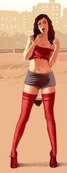 black_panties brown_eyes brown_hair buildings cleavage grand_theft_auto grand_theft_auto_iv grey_skirt high_heels lola_del_rio lollipop looking_to_the_side open_mouth panties_removed red_high_heels red_legwear red_lips red_shirt skirt standing tongue_out