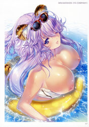 ;d absurdres animal_ears artist_name blue_eyes blush breasts cleavage collarbone eyebrows_visible_through_hair eyewear_on_head female gloves hair_between_eyes highres huge_breasts innertube long_hair looking_at_viewer min-naraken nipples oerba_yun_fang one_eye_closed open_mouth partially_submerged purple_hair scan smile solo sunglasses swimsuit tail tiger_ears tiger_tail toranoana water