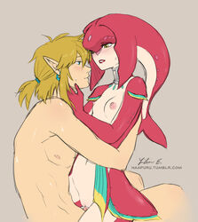 2018 anthro areolae blonde_hair blue_eyes blush breasts breath_of_the_wild duo female hair heart humanoid hylian interspecies link link_(breath_of_the_wild) male mammal marine mipha naapuru nintendo nipples nude open_mouth penetration penis pointy_ears pussy red_skin sex simple_background small_breasts straddling straight the_legend_of_zelda two_tone_body vaginal_penetration video_games yellow_eyes zora