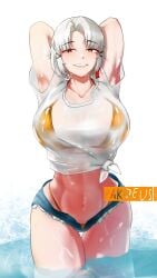 1girls 2d 2d_(artwork) digital_drawing_(artwork) drake_(nikke) female goddess_of_victory:_nikke pakdeus posing smile tagme water wet white_background white_hair yellow_bikini