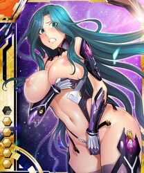 aqua_hair armor bikini_armor blush bodysuit boots breasts card_(medium) curvy erect_nipples female female green_eyes large_breasts lilith-soft long_hair looking_at_viewer makishima_ayame nipples puffy_nipples shiny shiny_hair shiny_skin taimanin_(series) taimanin_asagi_battle_arena taimanin_asagi_battle_arena_all_card_gallery taimanin_kurenai weapon zol