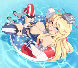 american_flag american_flag_legwear blonde_hair blue_eyes breasts female iowa_(kantai_collection) kantai_collection large_breasts long_hair nipple_piercing nipples owler panties smile solo wing