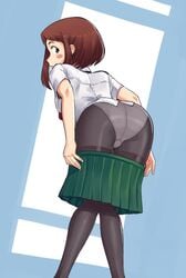 1girls ass bent_over boku_no_hero_academia brown_eyes brown_hair female female_only human leggings light-skinned_female light_skin looking_over_shoulder my_hero_academia ochako_uraraka panties panties_under_pantyhose pantyhose school_uniform schoolgirl short_hair skirt skirt_pull solo stockings suoiresnu teenager u.a._school_uniform undressing uniform