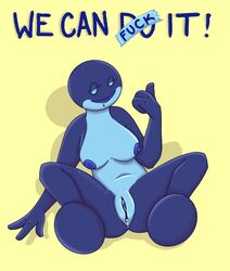 2018 anthro biped blue_skin breasts fakkumon female lidded_eyes pussy_juice salamuff sitting smile smokemutt solo spread_legs spreading thumbs_up