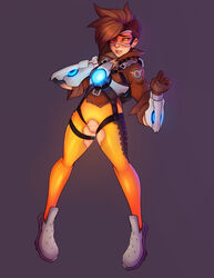 armor blush bomber_jacket bottomless brown_hair chronal_accelerator clothing crotch_cutout eyewear female female_only footwear front_view full_body gloves goggles hairless_pussy hand_on_own_cheek harness highres human jacket legband leggings looking_down lustysheep overwatch pigeon-toed pussy pussy_juice shoes short_hair simple_background solo tracer vambraces